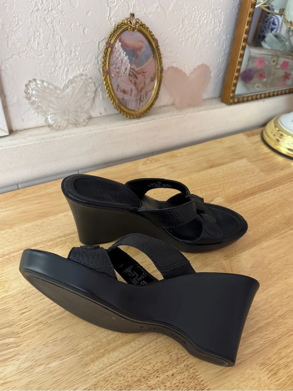 Nine West Black Leather Platform Wedge Slide Sandals Size 7.5 Y2K Minimalist